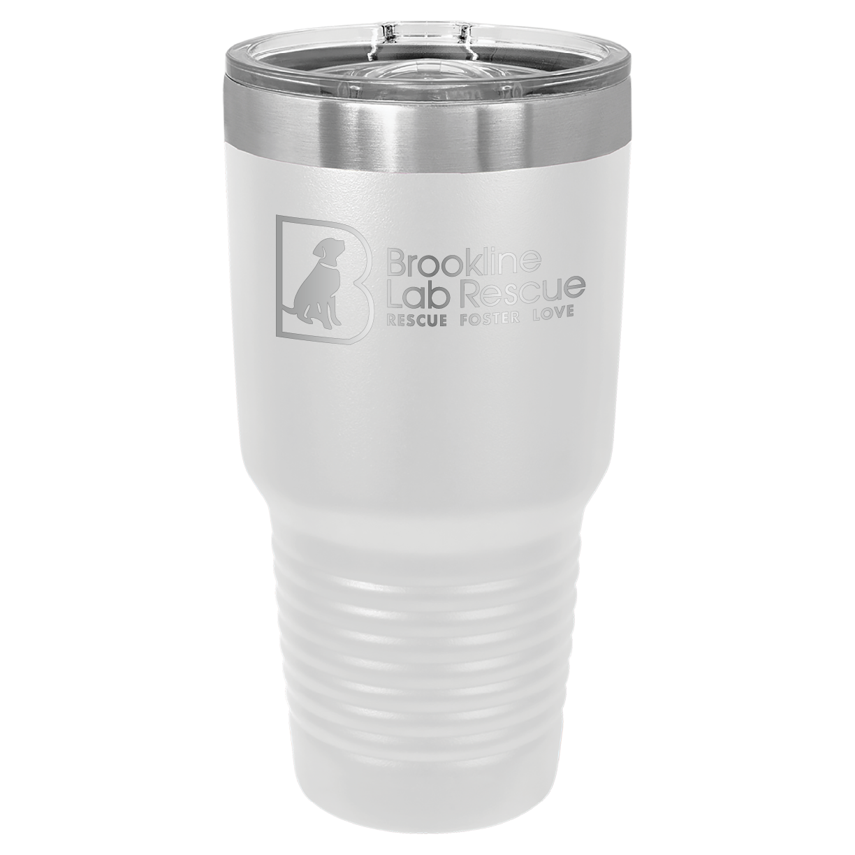 White laser engraved 30 oz tumbler featuring the Brookline Lab Rescue logo