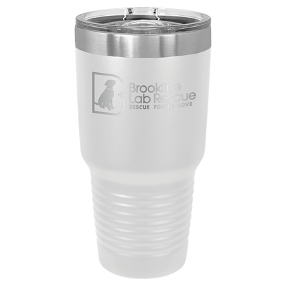 White laser engraved 30 oz tumbler featuring the Brookline Lab Rescue logo