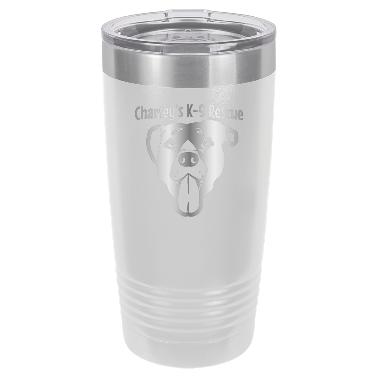 White 20 ounce tumbler laser engraved  tumbler featuring the Charley's K9 Rescue logo