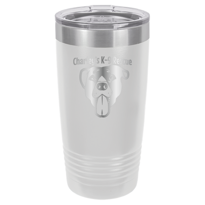 White 20 ounce tumbler laser engraved  tumbler featuring the Charley's K9 Rescue logo