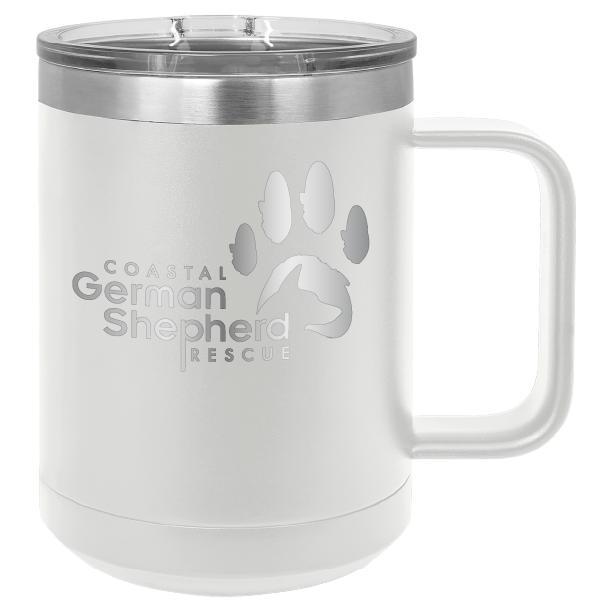 White 15 ounce laser engraved coffee mug, featuring the with the Coastal German Shpherd Rescue of Orange County logo