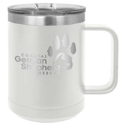 White 15 ounce laser engraved coffee mug, featuring the with the Coastal German Shpherd Rescue of Orange County logo