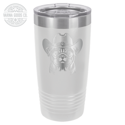 White Cowboy Pug laser engraved 20 oz tumbler.