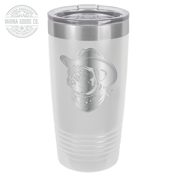 Cowboy Pug with bandana 20 laser engraved tumbler, in white and stainless