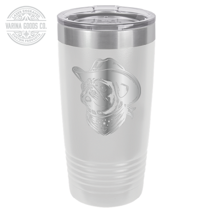 Cowboy Pug with bandana 20 laser engraved tumbler, in white and stainless