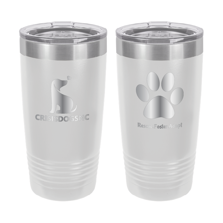 White 20 oz laser engraved tumbler with the Crisis Dogs NC logo on one side and Rescue.Foster. Adopt. on the reverse side.