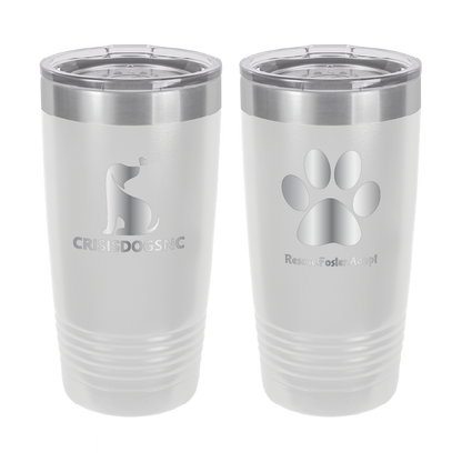 White 20 oz laser engraved tumbler with the Crisis Dogs NC logo on one side and Rescue.Foster. Adopt. on the reverse side.