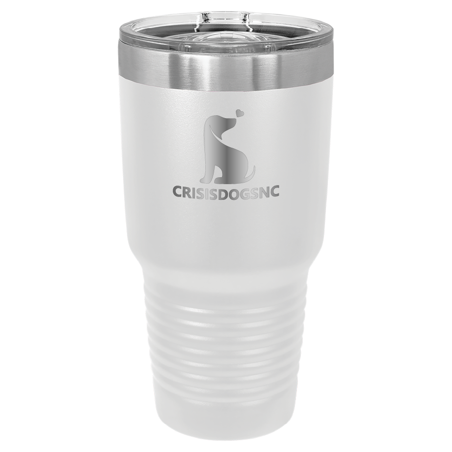 White 30 oz laser engraved tumbler with the Crisis Dogs NC logo.