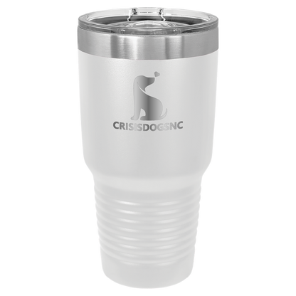 White 30 oz laser engraved tumbler with the Crisis Dogs NC logo.