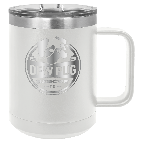 White 15 oz laser engraved coffee cup featuring the DFW Pug Rescue logo