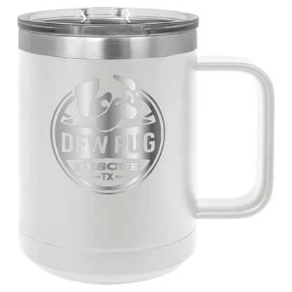 White 15 oz laser engraved coffee cup featuring the DFW Pug Rescue logo