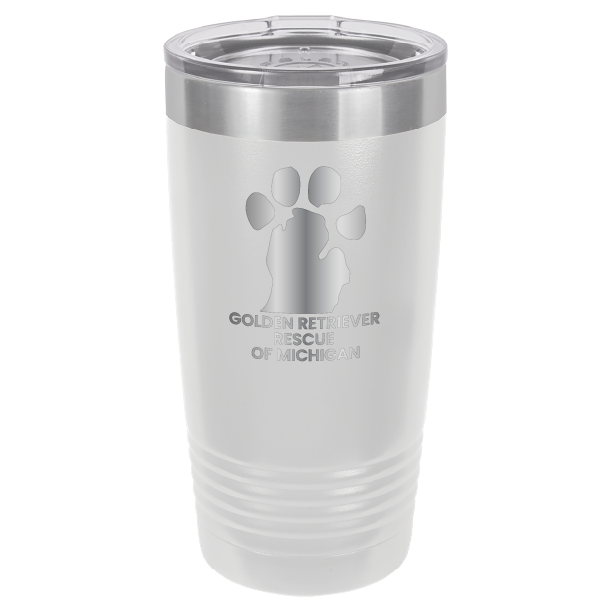 White 20 Oz laser engraved tumbler with the Golden Retriever Rescue of Michigan logo