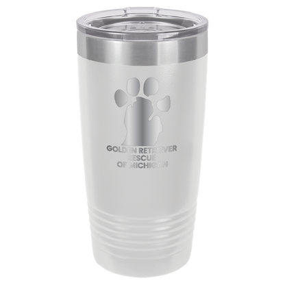 White 20 Oz laser engraved tumbler with the Golden Retriever Rescue of Michigan logo