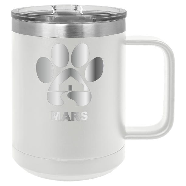 White 15 ounce laser engraved coffee mug with the Midwest Animal Rescue & Services (MARS) logo.