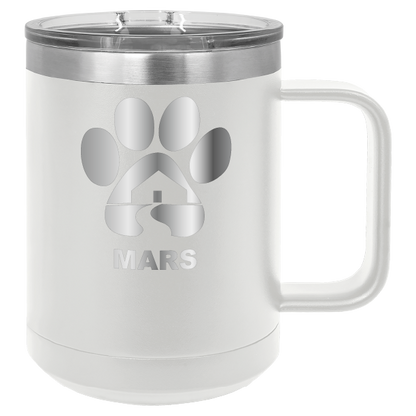 White 15 ounce laser engraved coffee mug with the Midwest Animal Rescue & Services (MARS) logo.