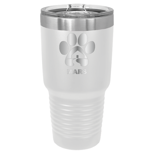 White 30 ounce laser engraved tumbler with the Midwest Animal Rescue & Services (MARS) logo.