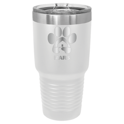 White 30 ounce laser engraved tumbler with the Midwest Animal Rescue & Services (MARS) logo.