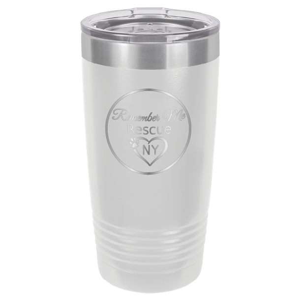 White  laser engraved 20 tumbler featuring the logo of Remember Me Rescue NY