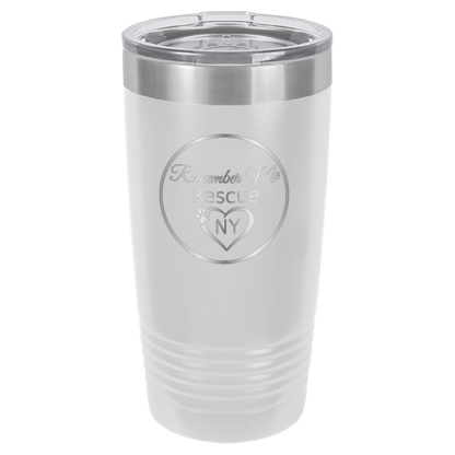 White  laser engraved 20 tumbler featuring the logo of Remember Me Rescue NY