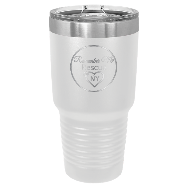 White 30 oz laser engraved tumbler featuring the Remember Me Rescue NY logo.