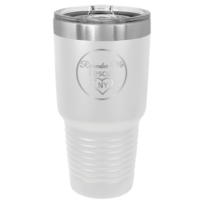 White 30 oz laser engraved tumbler featuring the Remember Me Rescue NY logo.