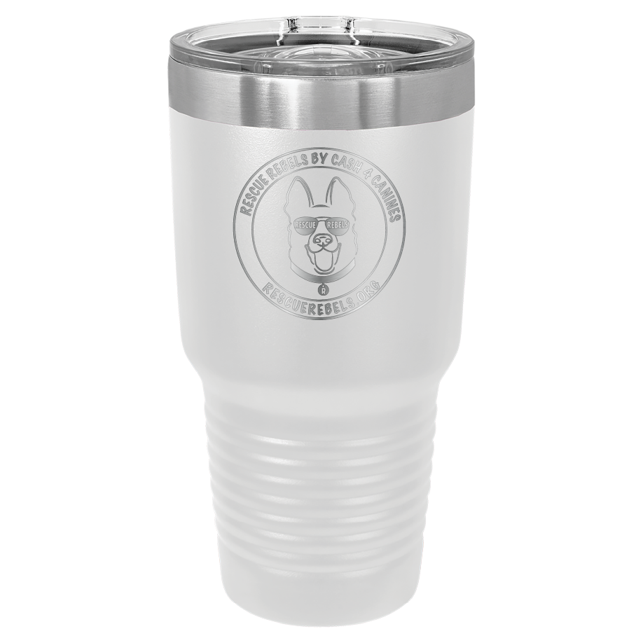 White 30 oz tumbler laser engraved  water bottle featuring the Rescue Rebels logo