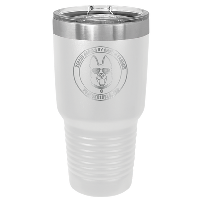 White 30 oz tumbler laser engraved  water bottle featuring the Rescue Rebels logo