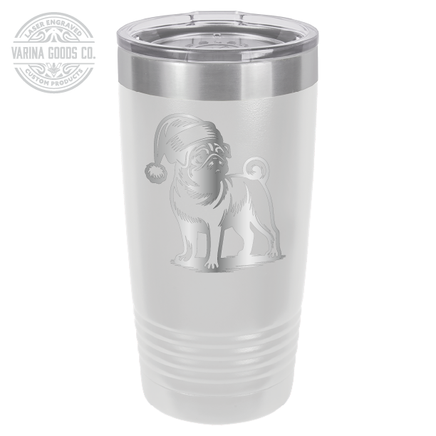 Pug wearing a Santa hat, 20 oz laser engraved tumbler, in white and stainless