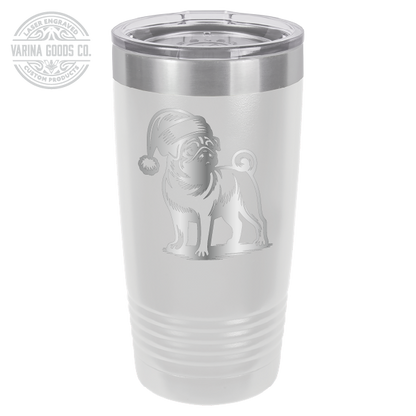 Pug wearing a Santa hat, 20 oz laser engraved tumbler, in white and stainless