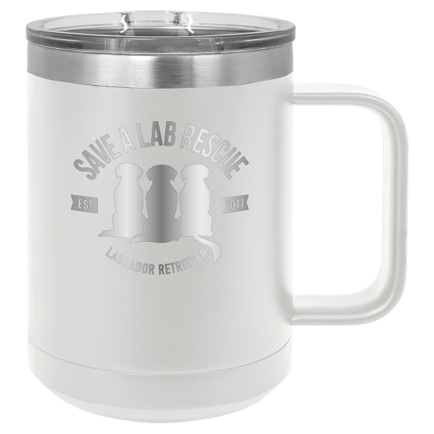 White 15 oz laser engraved coffee cup featuring the Save A Lab Rescue logo.