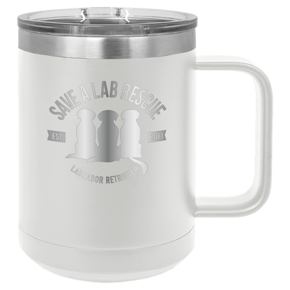 White 15 oz laser engraved coffee cup featuring the Save A Lab Rescue logo.