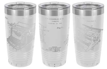 Vintage typewriter patent laser engraved on a white stainless steel tumbler