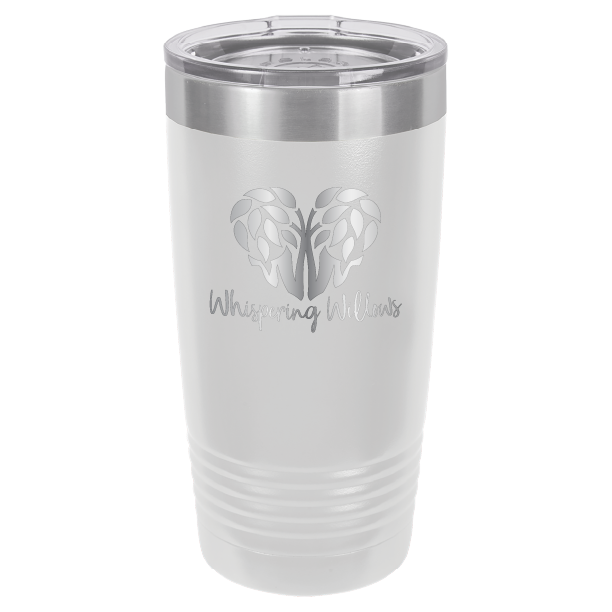 White laser engraved 20 oz tumbler featuring the Whispering Willows logo.