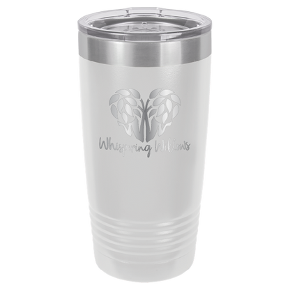 White laser engraved 20 oz tumbler featuring the Whispering Willows logo.