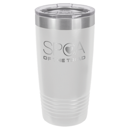White laser engravved 20 Oz tumbler featuring the SPA of the Triad logo. 