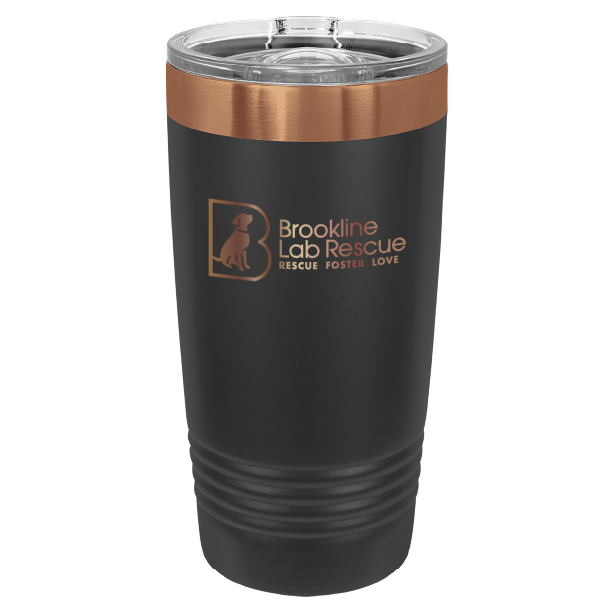 Black and rose gold  laser engraved 20 ounce tumbler featuring the Brookline Lab Rescue logo