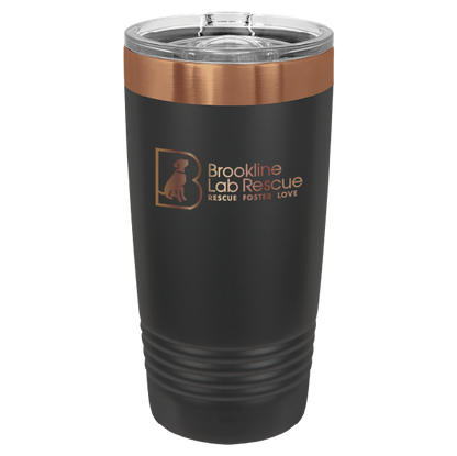 Black and rose gold  laser engraved 20 ounce tumbler featuring the Brookline Lab Rescue logo