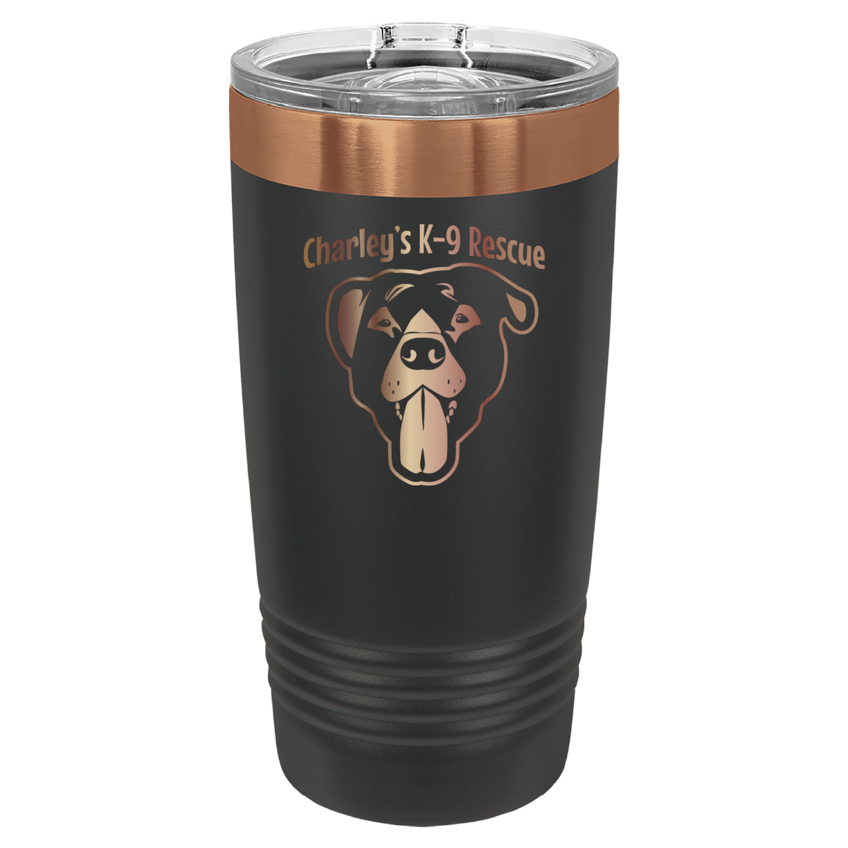 Black/Copper 20 ounce tumbler laser engraved  tumbler featuring the Charley's K9 Rescue logo