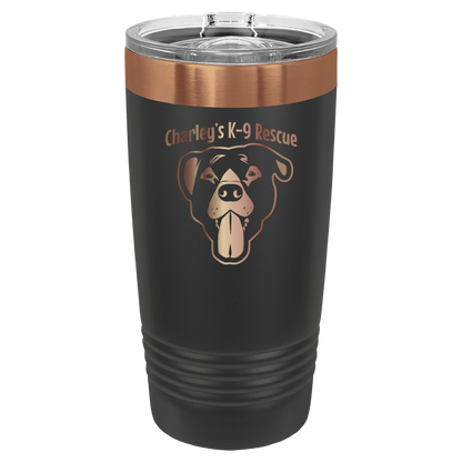 Black/Copper 20 ounce tumbler laser engraved  tumbler featuring the Charley's K9 Rescue logo