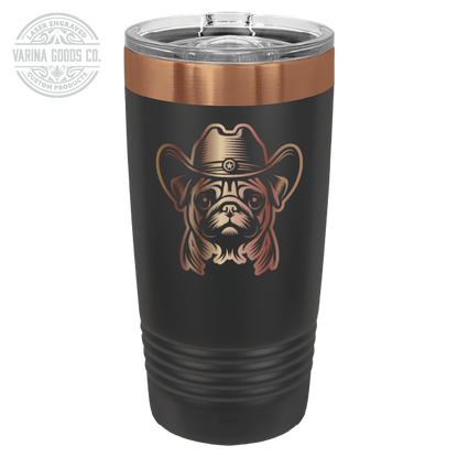 Black and copper Cowboy Pug laser engraved 20 oz tumbler.