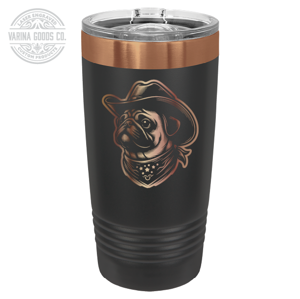 Cowboy Pug with bandana 20 laser engraved tumbler, in black and copper