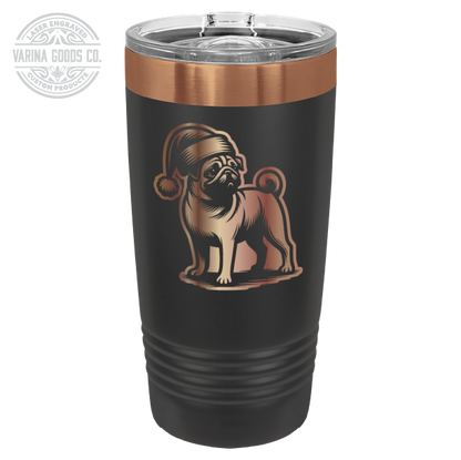 Pug wearing a Santa hat, 20 oz laser engraved tumbler, in black and copper