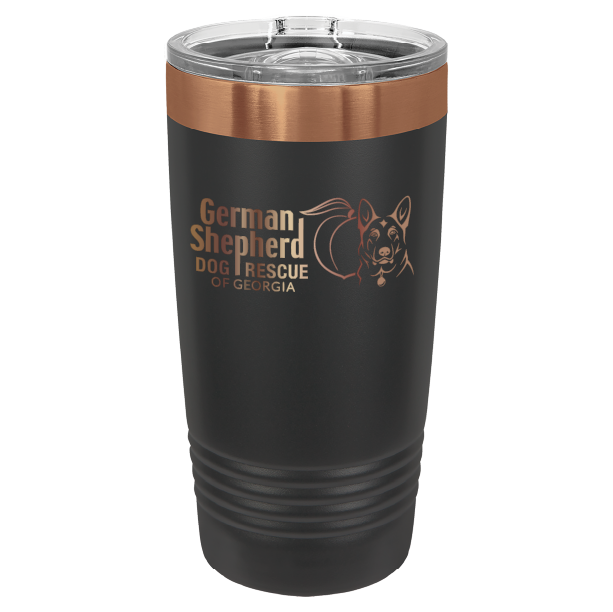 20 Oz laser engraved tumbler featuring the German Shepherd Dog Rescue of Georgia, in Black and Copper