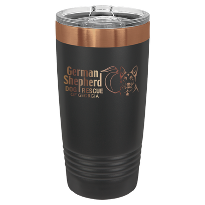 20 Oz laser engraved tumbler featuring the German Shepherd Dog Rescue of Georgia, in Black and Copper