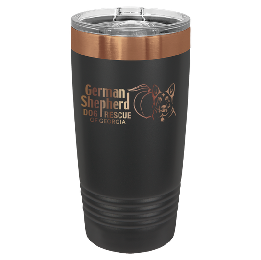 20 Oz laser engraved tumbler featuring the German Shepherd Dog Rescue of Georgia, in Black and Copper