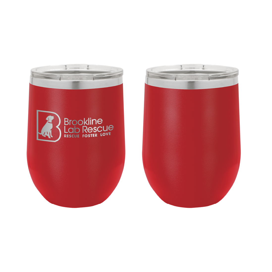 Red laser engraved 12 oz wine tumbler featuring the Brookline Lab Rescue logo