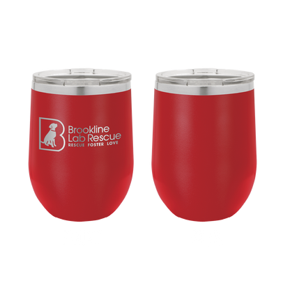 Red laser engraved 12 oz wine tumbler featuring the Brookline Lab Rescue logo