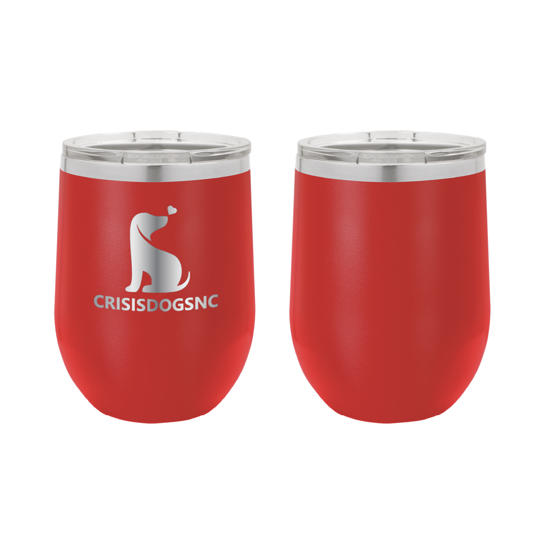 Red laser engraved wine tumblers featuring the Crisis Dogs NC logo.