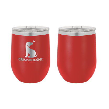 Red laser engraved wine tumblers featuring the Crisis Dogs NC logo.