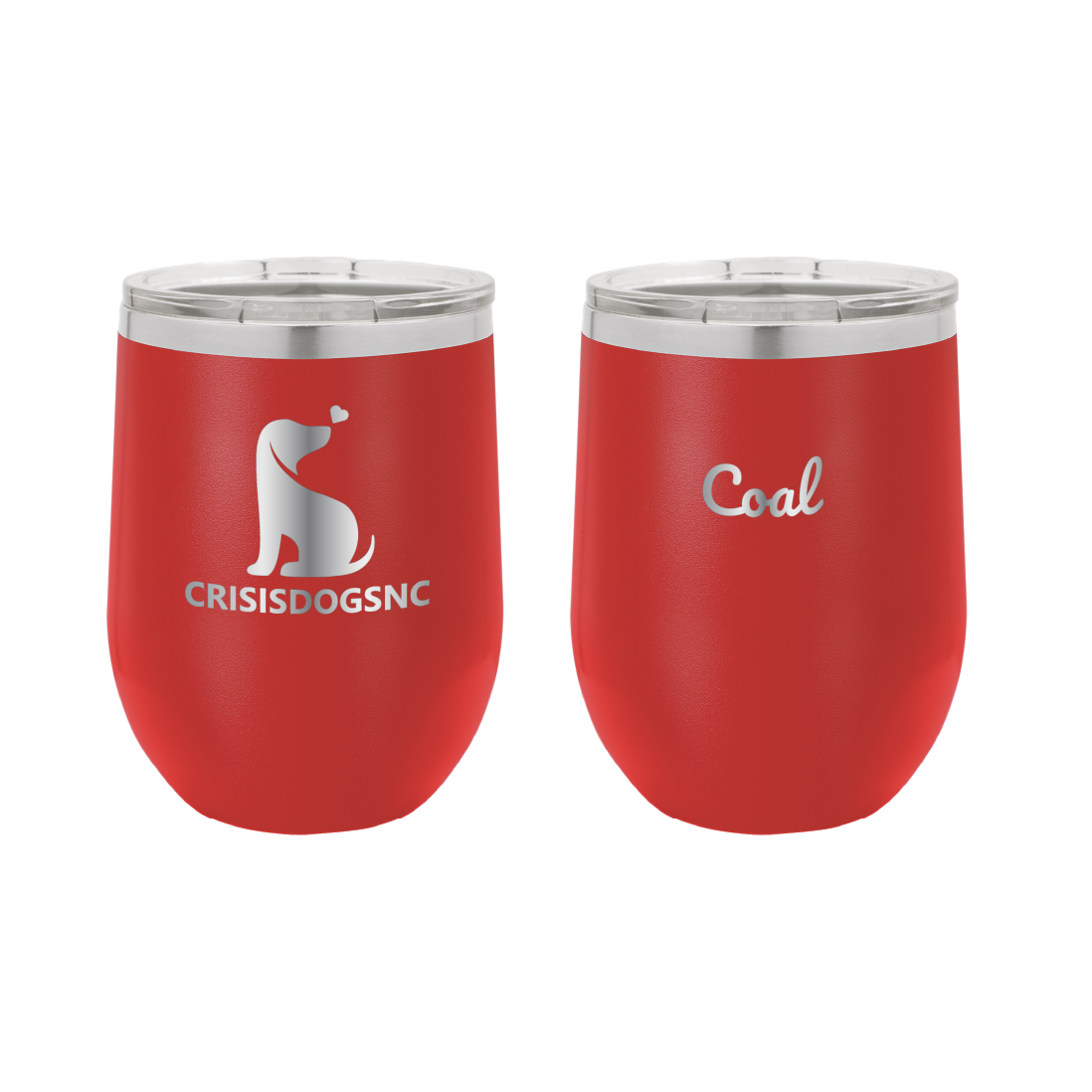 Red laser engraved wine tumblers featuring the Crisis Dogs NC logo, as well as personalized with the name, "Coal."